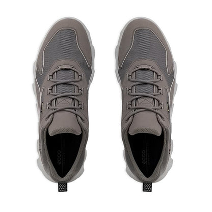 A pair of grey athletic shoes shown from a top-down view on a plain white background.