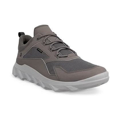 A single low-top athletic shoe in grey and dark grey, featuring a textured sole, lace-up closure, and mesh panels, shown on a plain white background.