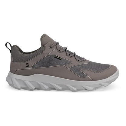 Grey athletic shoe with white sole on a white background
