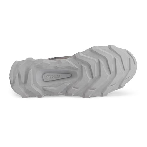 A close-up of a grey rugged shoe sole with deep lugs and a visible embossed ECCO logo, shown on a plain white background.
