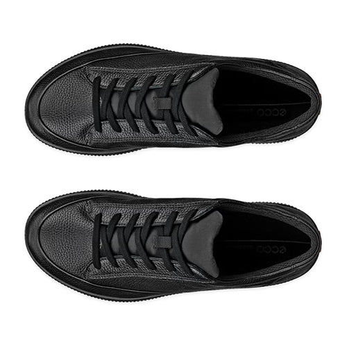 A pair of black leather low-top lace-up shoes shown from a top-down view on a plain white background.