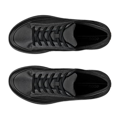 A pair of black leather low-top lace-up shoes shown from a top-down view on a plain white background.