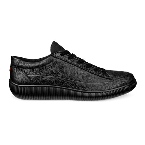 A black low-top leather shoe with a pebbled texture, black laces, and a thick ribbed sole, shown in a side profile on a white background.