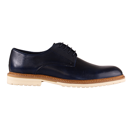 Navy leather shoe with a brown sole on a white background