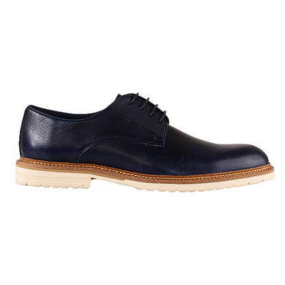 Navy leather shoe with a brown sole on a white background