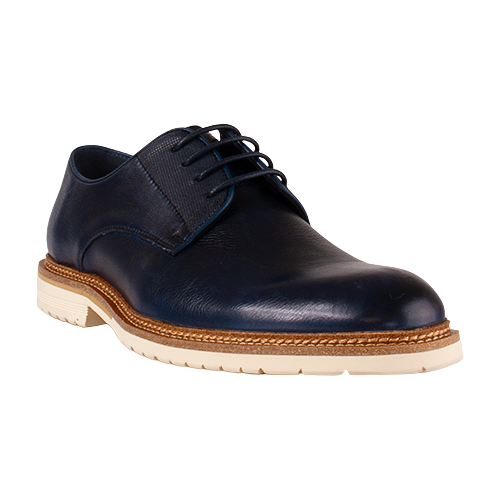 Navy leather shoe with a brown sole on a white background