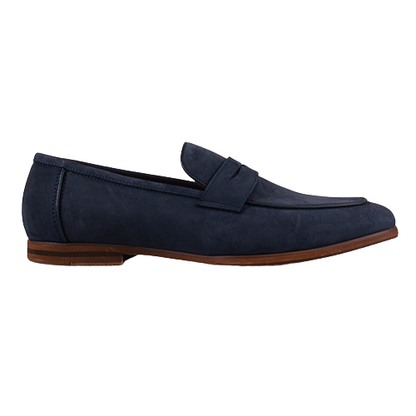 Navy blue loafer shoe on a white background