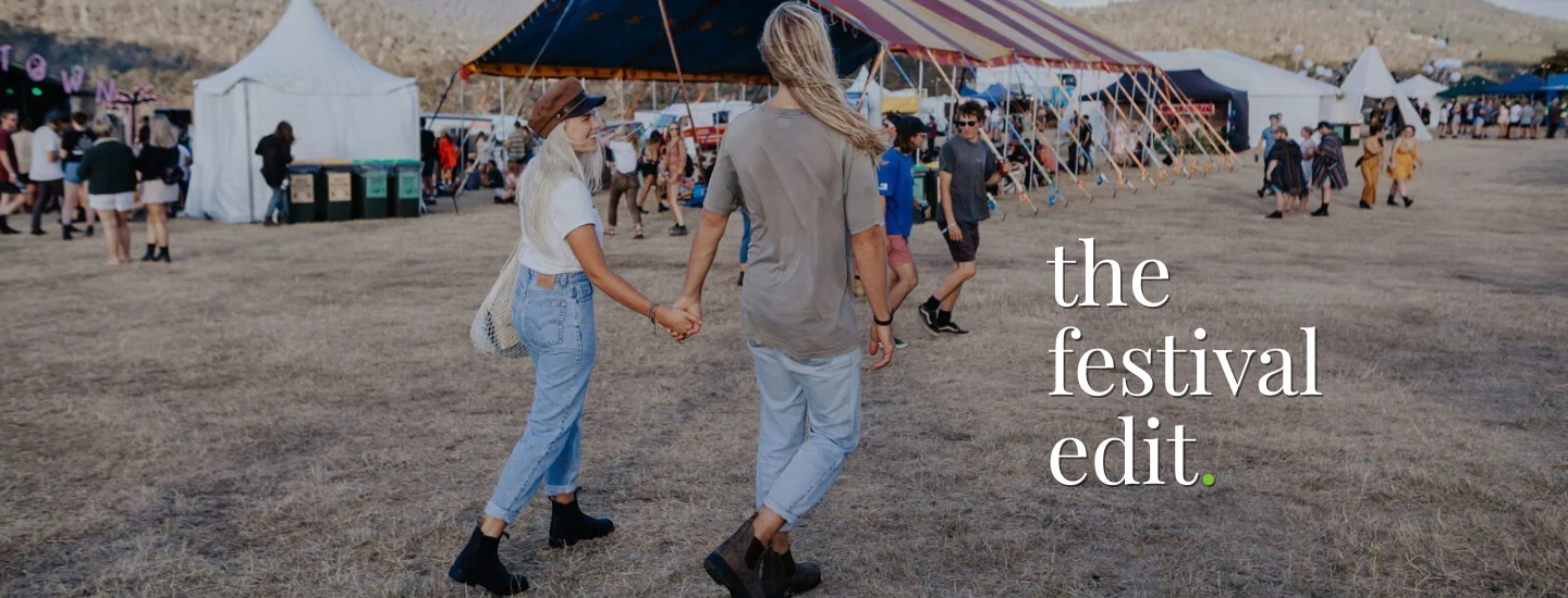 Two people at a festival wearing Blundstone Boots from the Festival Edit