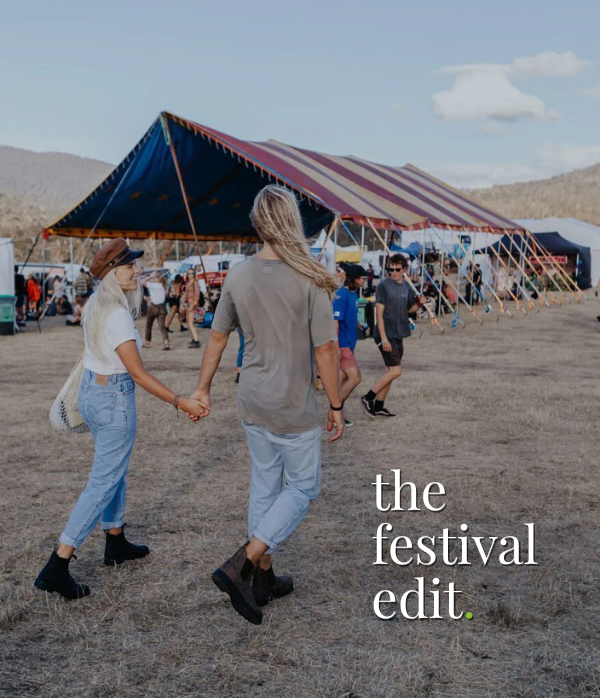 Two people at a festival wearing Blundstone Boots from the Festival Edit
