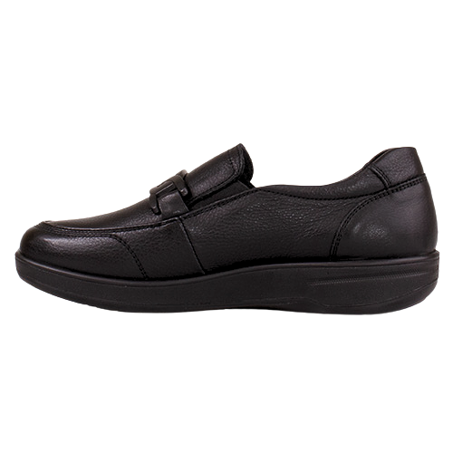 A black slip-on leather shoe with a low wedge heel and a decorative strap detail across the vamp, shown in a side profile view against a plain white background.