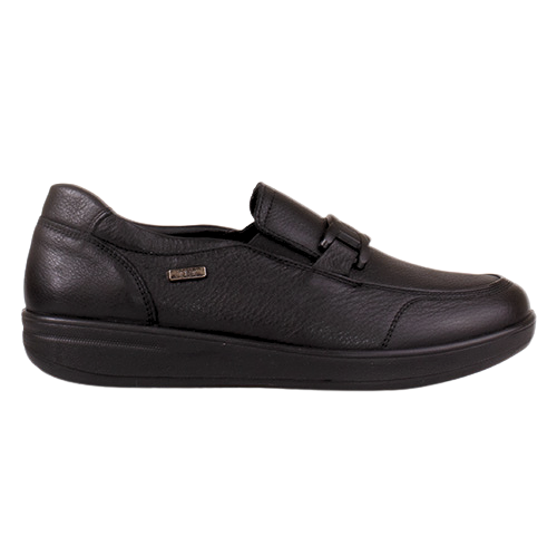 A black slip-on leather shoe with a decorative strap across the instep and a small metallic brand plaque on the side, shown against a plain white background.