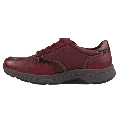 A single low-top casual sneaker shown in profile against a plain white background. The upper is made of burgundy leather with darker burgundy overlays, matching burgundy laces, and a thick dark gray sole.