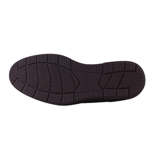 A close-up view of a dark brown shoe sole, showing the tread pattern and embossed branding, isolated on a white background.
