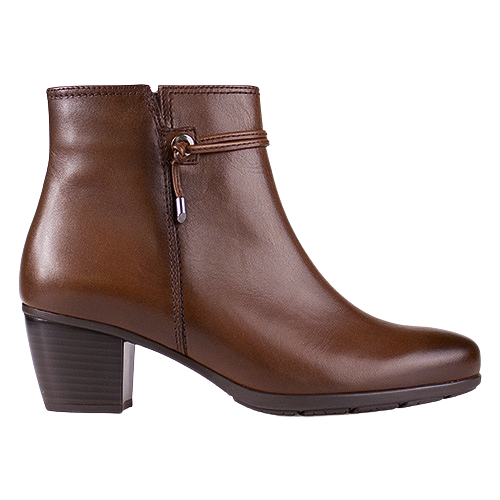 A brown leather ankle boot with a low block heel, a side zipper, and a decorative strap detail with a silver-tone pull tab, shown against a plain white background.