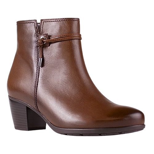 A brown leather ankle boot with a side zipper, a decorative strap detail with a metal ring, and a low block heel, shown against a plain white background.