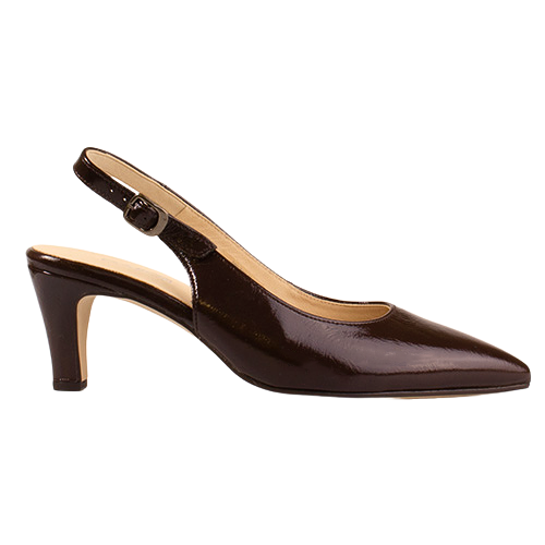 A single dark brown patent leather slingback pump with a pointed toe and a mid-height block heel, shown in profile against a plain white background.