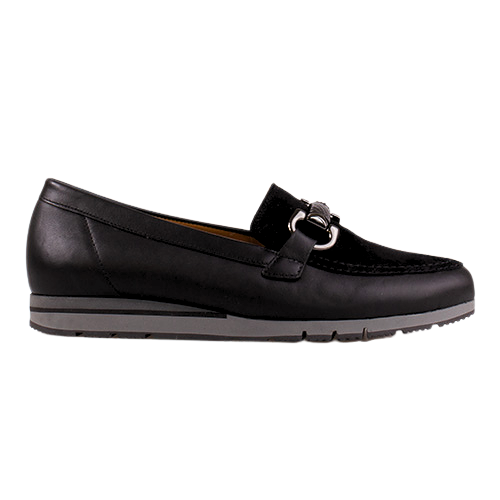 A black leather flat loafer with a silver-tone chain detail across the vamp, shown in a side profile on a white background.
