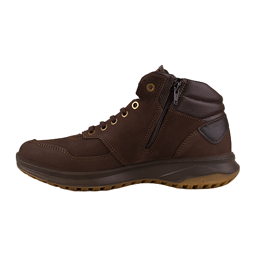 Brown leather boot with a zipper on a white background