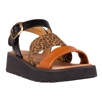 Heavenly Feet Ladies Flat Sandals - Fleur - Black/ Leopard