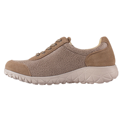 A single casual sneaker shown in profile against a solid white background. The shoe features a speckled taupe-brown upper with suede-like toe and heel panels, matching laces, and a thick, textured off-white sole.