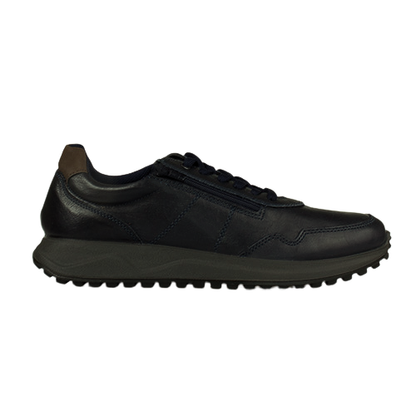 Navy leather trainer laced on  a white background