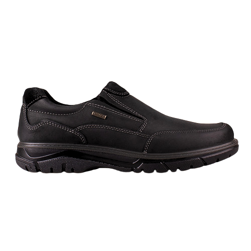 Black suede slip on shoe on white background