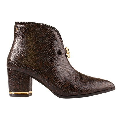 A dark brown textured ankle boot with a block heel, featuring a small gold buckle detail on the side and a gold accent ring near the heel, shown against a plain white background.
