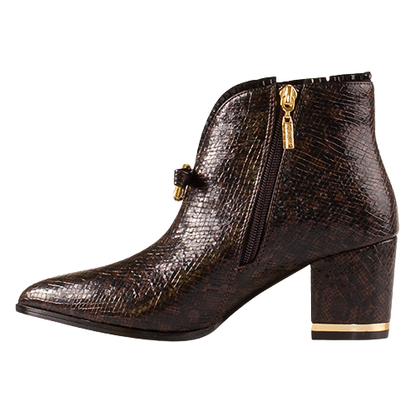 A dark brown textured ankle boot with a block heel, side zipper, and a small decorative gold-tone accent on the side, shown against a plain white background.