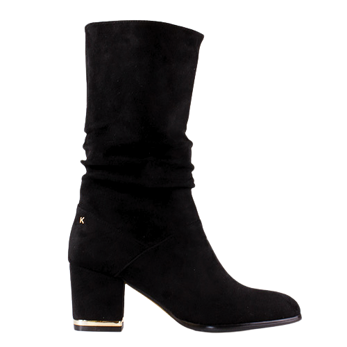 A black suede mid-calf boot with a stacked block heel and a small gold &