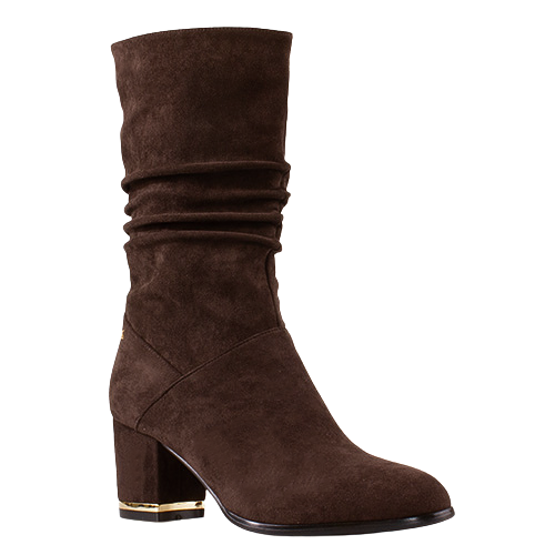 A dark brown suede mid-calf boot with a slouchy shaft, block heel, and a gold accent on the heel block, shown against a plain white background.