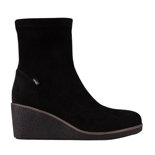 A black suede ankle boot with a wedge heel, shown in a side profile view against a plain white background.