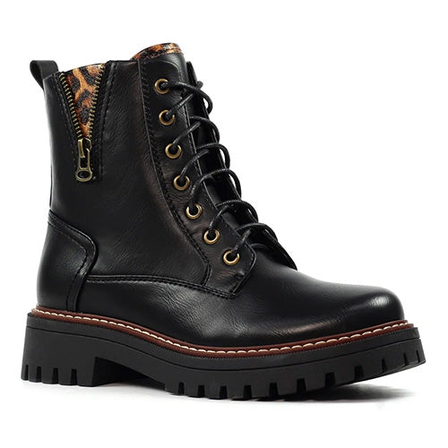Black leather lace-up ankle boots with a side zipper, gold-tone eyelets, and chunky lug soles.
