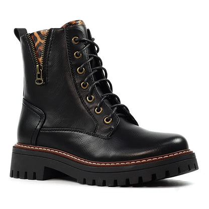 Black leather lace-up ankle boots with a side zipper, gold-tone eyelets, and chunky lug soles.