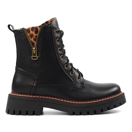 Black leather lace-up ankle boots with a side zipper, gold-tone eyelets, and chunky lug soles.