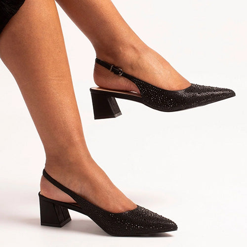 Lunar  Block Heeled Sling Back Pumps - Milan - Black