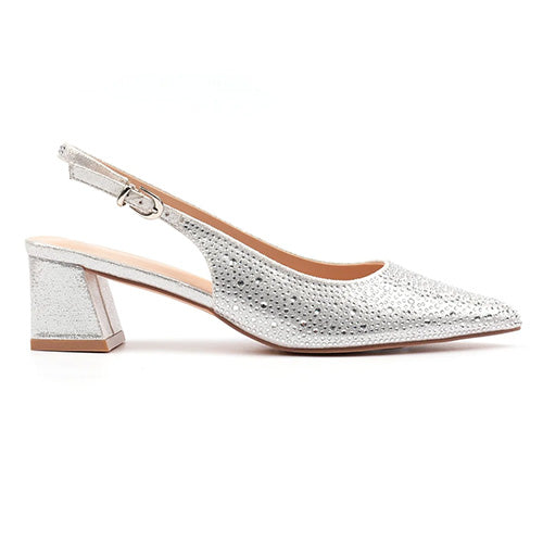 Lunar  Block Heeled Sling Back Pumps - Milan - Silver