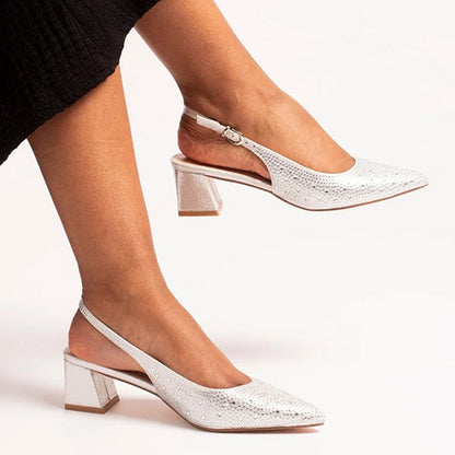 Lunar  Block Heeled Sling Back Pumps - Milan - Silver