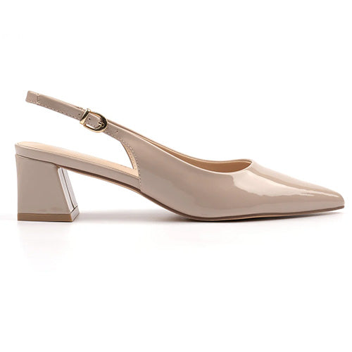 Beige high-heeled shoe with slingback design on a white background