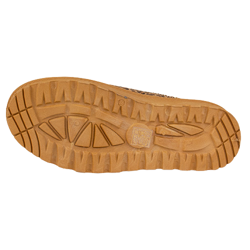 A close-up view of a brown rubber outsole with a textured tread pattern, shown against a plain white background.