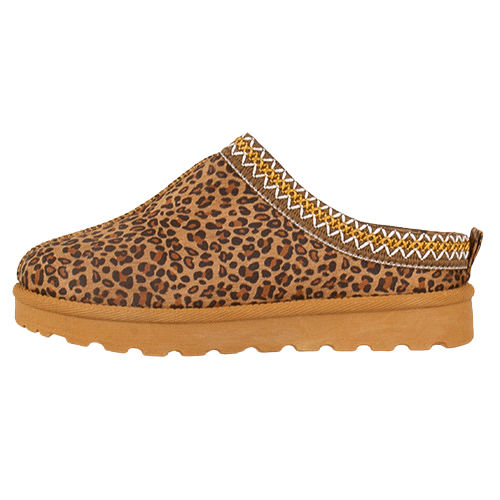 A single slip-on clog shoe with a brown and black leopard print upper, a tan sole, and a decorative white and gold zigzag pattern around the collar, shown against a plain white background.