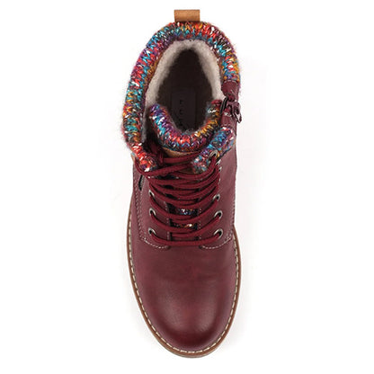 Burgundy waterproof ankle boot with multicoloured fleece lining and lace-up front on a white background.