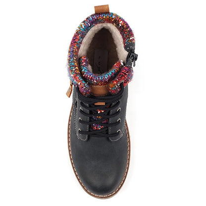 Navy waterproof ankle boot with multicoloured fleece lining and lace-up fr