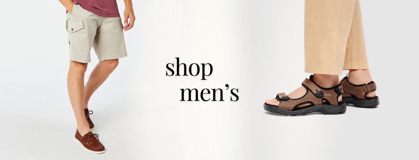 Man wearing brown sandals with text 'shop men's' on a white background