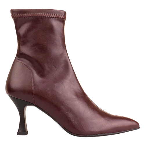 A single dark burgundy leather ankle boot with a pointed toe and a slim high heel, shown from a side profile on a plain white background.