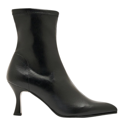 A black ankle boot with a pointed toe and a slim kitten heel, shown from a side profile on a white background.