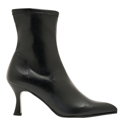 A black ankle boot with a pointed toe and a slim kitten heel, shown from a side profile on a white background.