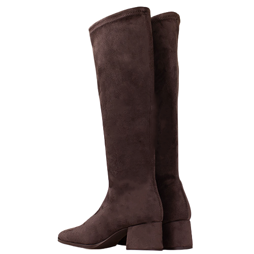 Miss Elastic Block Heeled Knee Boots - 78331 - Brown Suede