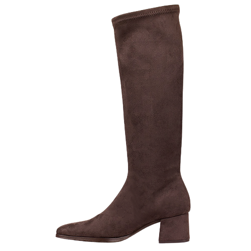Miss Elastic Block Heeled Knee Boots - 78331 - Brown Suede