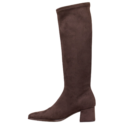 Miss Elastic Block Heeled Knee Boots - 78331 - Brown Suede