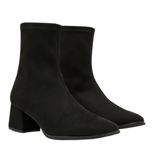 A pair of black suede ankle boots with a block heel, shown against a plain white background.